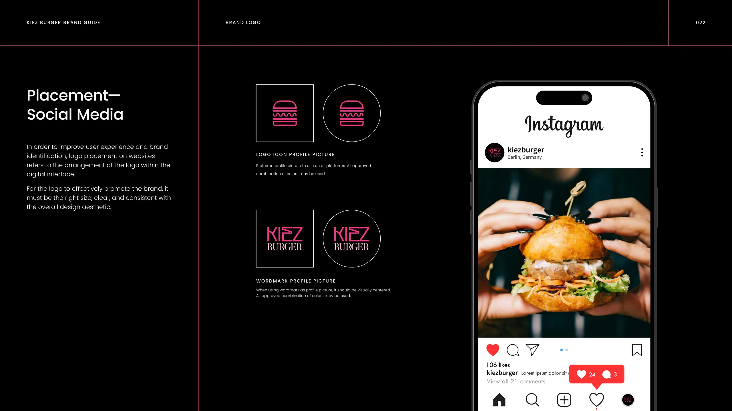Kiez Burger hot pink and black packaging that reads as a single brand block